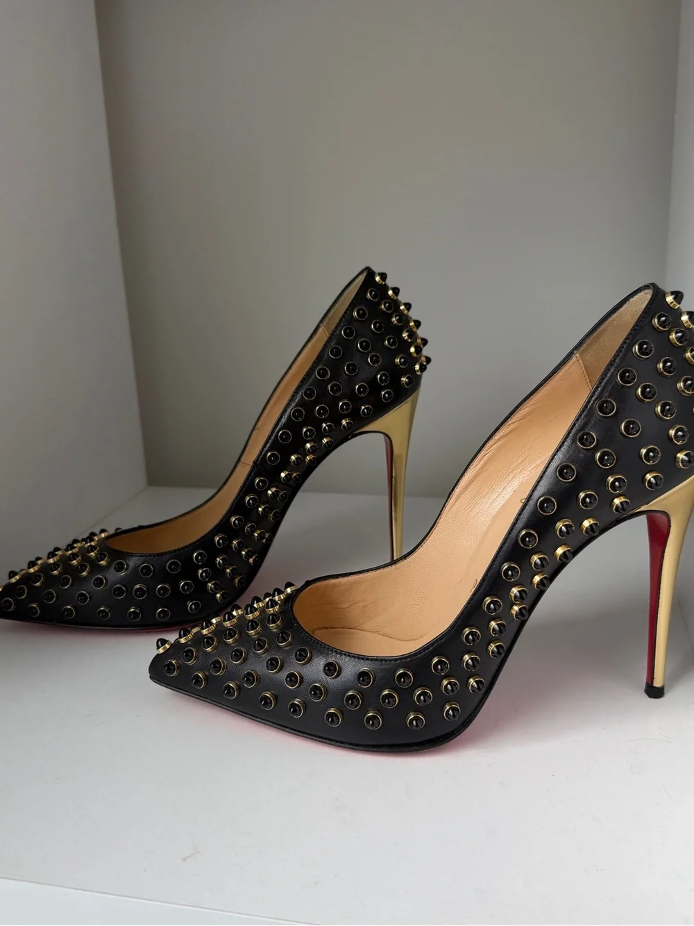 Christian Louboutin Black Leather Pointed-Toe Pumps with Gold Studs